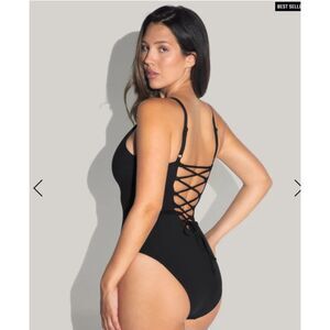 TA3 Plungey Black Corset Back Sculpting One Piece Swimsuit XL Reg/Long NWT